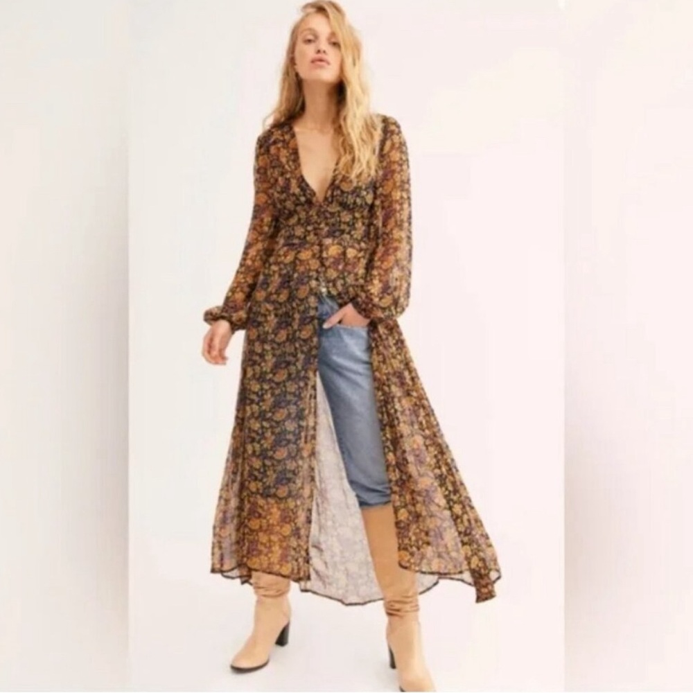 Free People Floral Sheer Maxi Dress - Brown and Gold